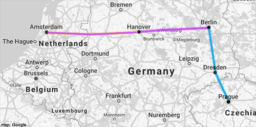 amsterdam-prague rail map